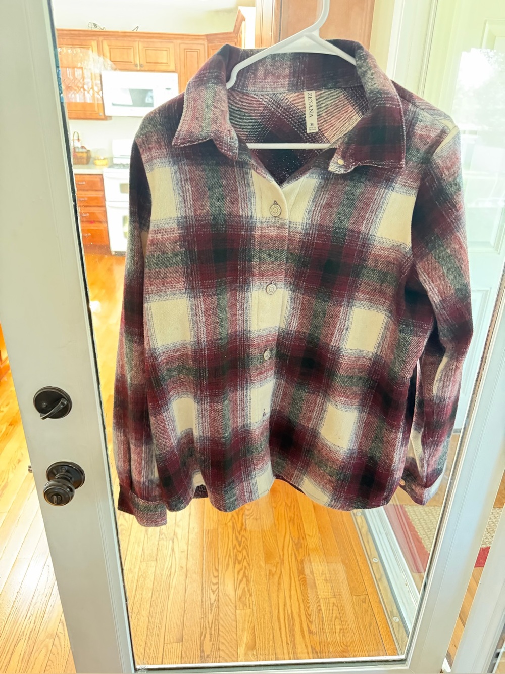 Zenana Outfitters Plaid Button-Down Shacket in Burgundy & Cream. Size Medium